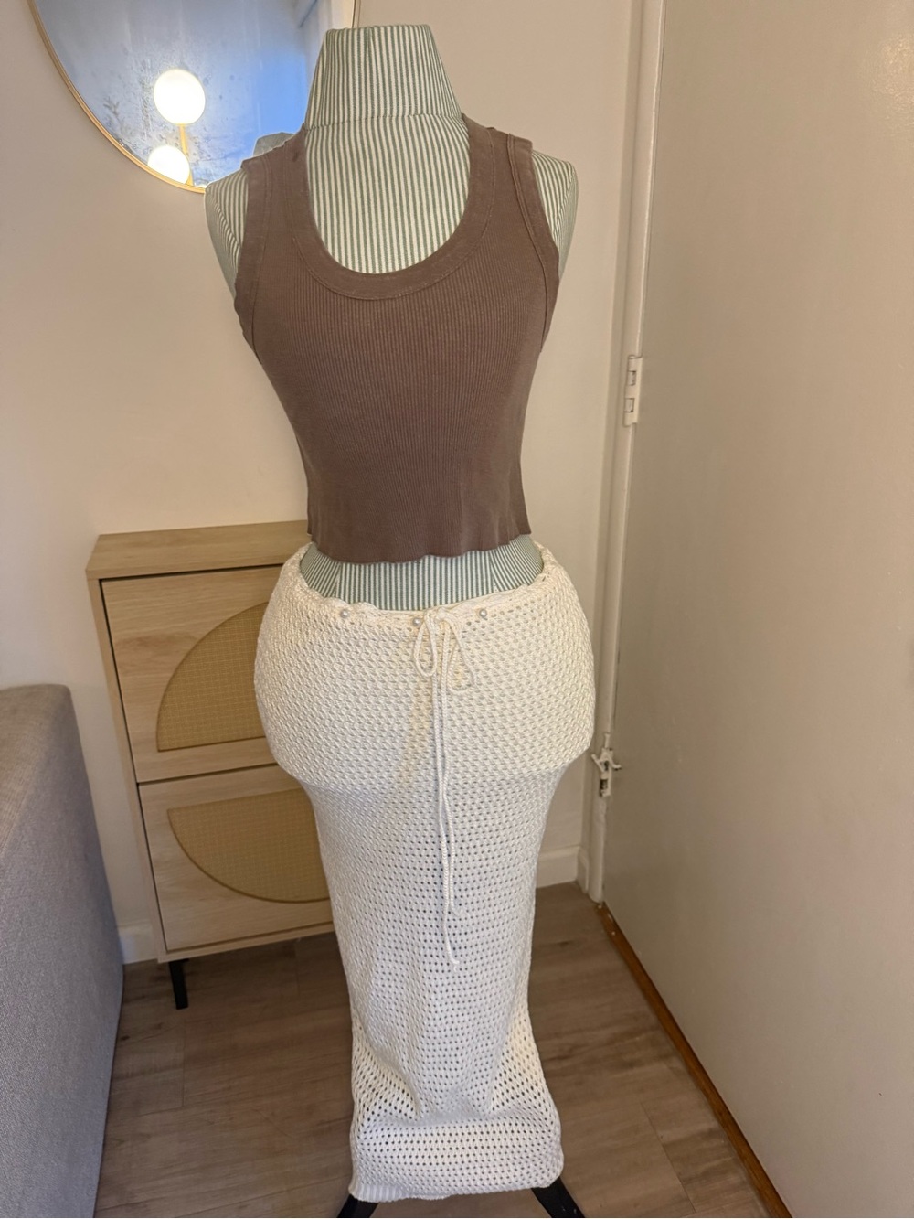 Fashion Nova Cream Crochet Drawstring Maxi Skirt